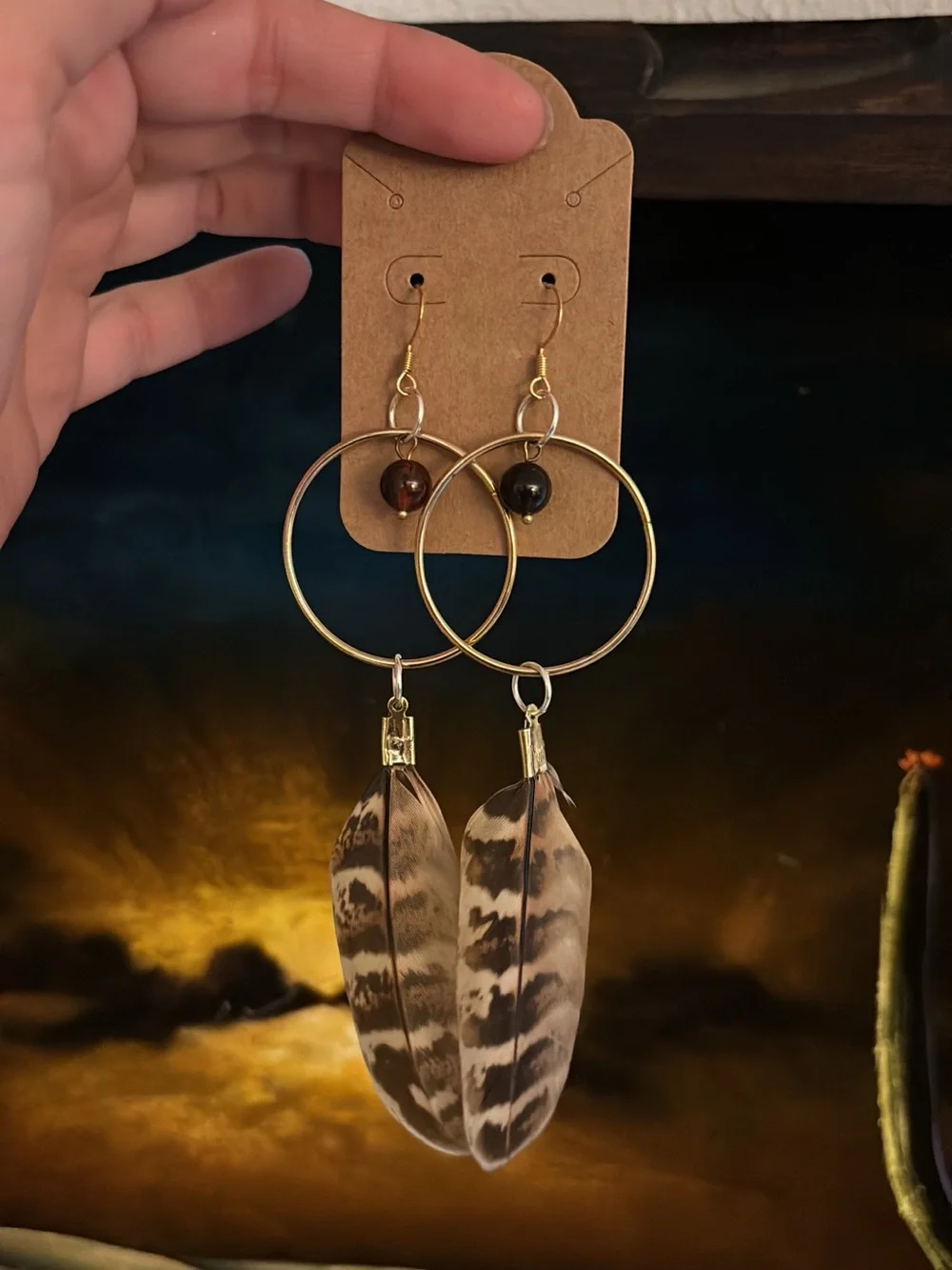 Gold Hoop Earrings with Duck Feather Drops